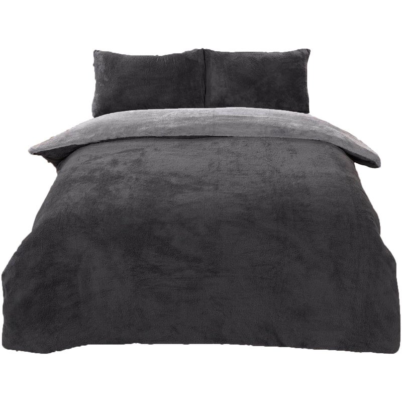 Brentfords Reversible Teddy Fleece Duvet Cover with Pillow Case Supersoft Fluffy Thermal Warm Soft Bear Bedding Set Charcoal Silver Grey  Superking