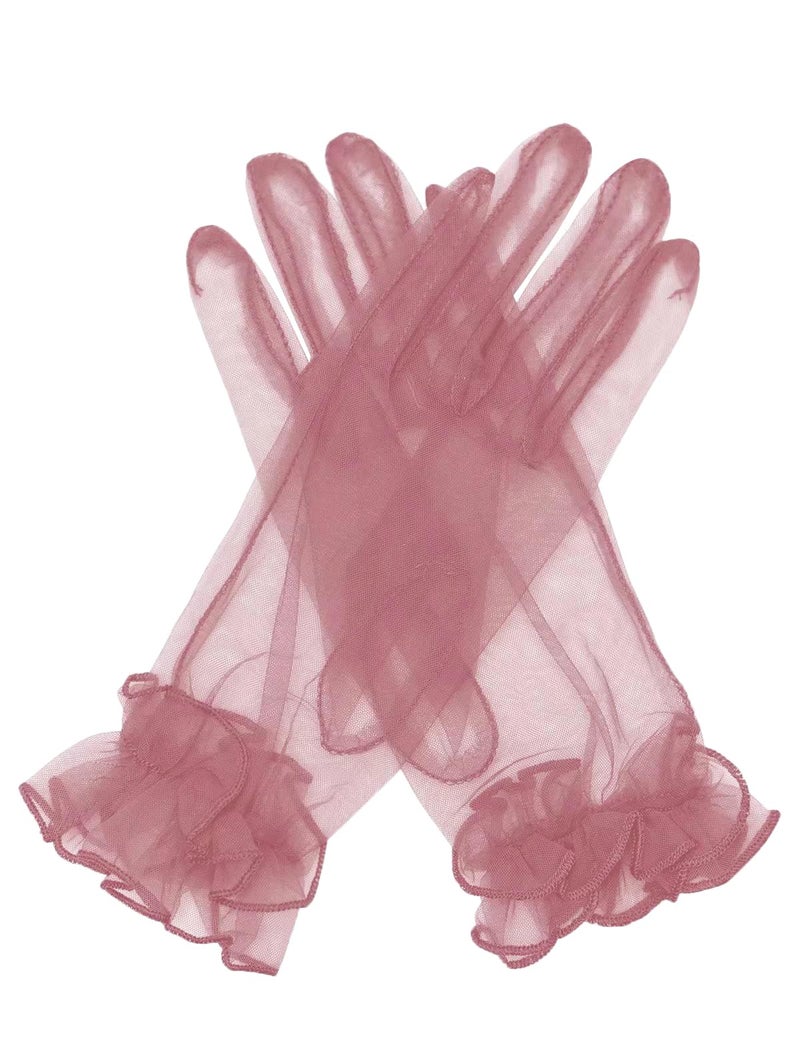 QRBTSCL Women's Ruffled Tulle Mesh Gloves Wedding Party Gloves Short Prom Evening Gloves, Dusty Rose, One size - Image 1