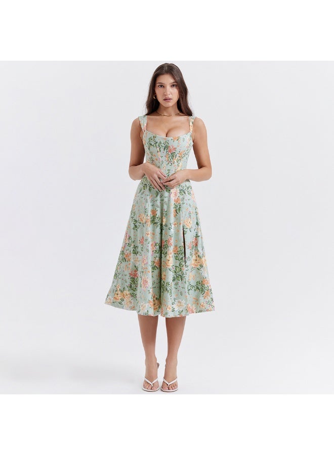 Madam Uniq Charming Light Green Floral Midi Dress, Square Neck & Spaghetti Straps, Casual/Semi - formal Dress - Image 1