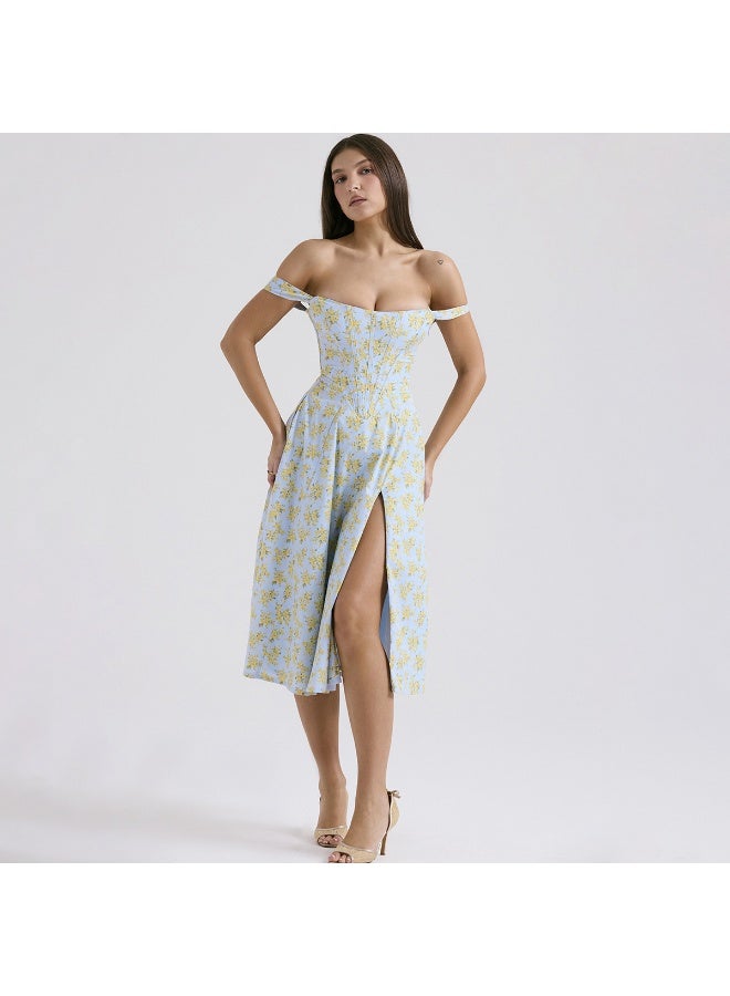 Madam Uniq Charming Light Green Floral Midi Dress, Square Neck & Spaghetti Straps, Casual/Semi - formal Dress - Image 4