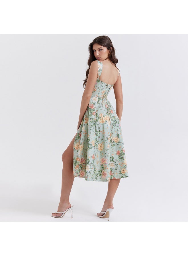 Madam Uniq Charming Light Green Floral Midi Dress, Square Neck & Spaghetti Straps, Casual/Semi - formal Dress - Image 5
