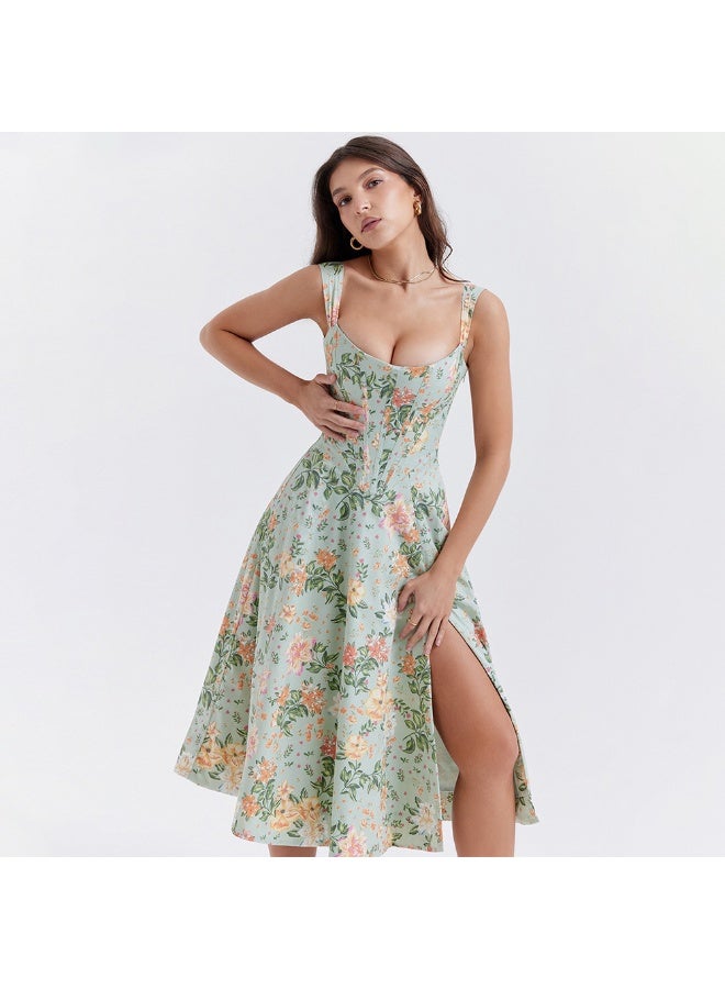 Madam Uniq Charming Light Green Floral Midi Dress, Square Neck & Spaghetti Straps, Casual/Semi - formal Dress - Image 2