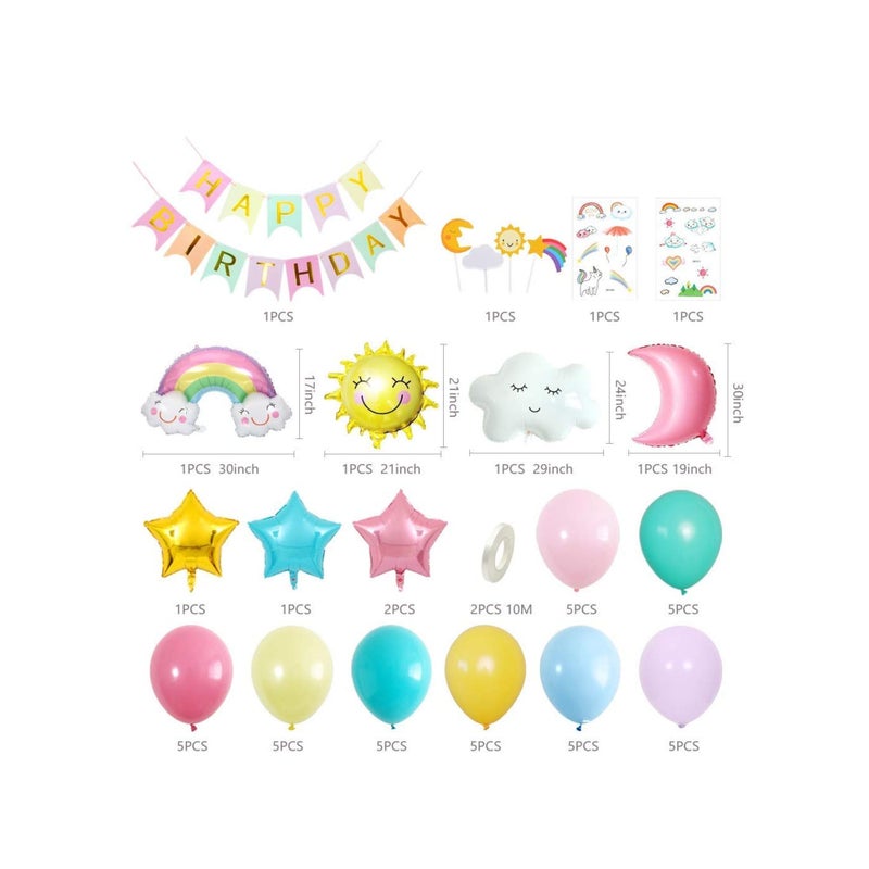 Zikra Happy Birthday Decorations Banner, Sun Moon Clouds Rainbow Sky Star Foil Balloon Birthday Party Supply - Image 2