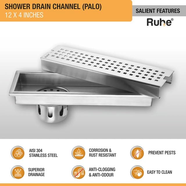 RUHE صينية تصريف الأرضية Ruhe Palo 12 × 4 بوصة من الفولاذ المقاوم للصدأ 304 مع مصيدة جانبية وفتحة مع طوق - Image 3