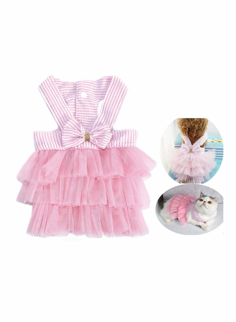 Adorable Striped Mesh Dress for Small Dogs, Cats & Rabbits - Princess Bowknot Vest for Pomeranian, Chihuahua & Puppy (Pink S) - Image 1