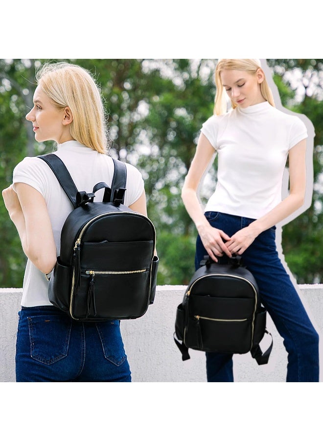 MOMINSIDE حقيبة ظهر ميني مومينسايد لحفاضات الأطفال صغيرة مع 11 جيب، حقيبة سفر جلدية للأطفال، منظم لحفاضات، 2 جيب معزول، أحزمة عربة، سجل هدايا الأطفال، أسود - Image 2