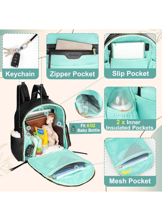 MOMINSIDE حقيبة ظهر ميني مومينسايد لحفاضات الأطفال صغيرة مع 11 جيب، حقيبة سفر جلدية للأطفال، منظم لحفاضات، 2 جيب معزول، أحزمة عربة، سجل هدايا الأطفال، أسود - Image 3