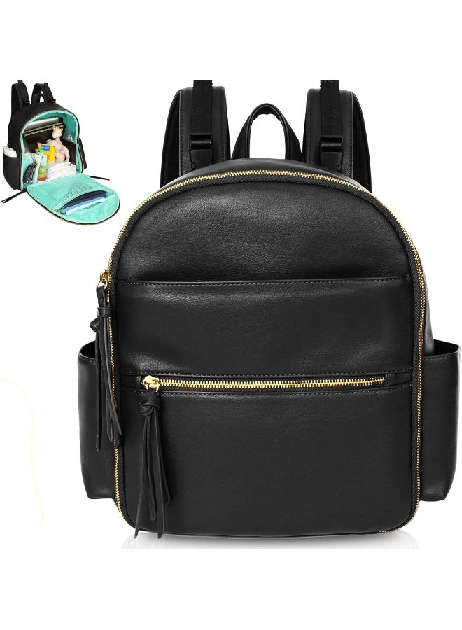 MOMINSIDE حقيبة ظهر ميني مومينسايد لحفاضات الأطفال صغيرة مع 11 جيب، حقيبة سفر جلدية للأطفال، منظم لحفاضات، 2 جيب معزول، أحزمة عربة، سجل هدايا الأطفال، أسود - Image 1