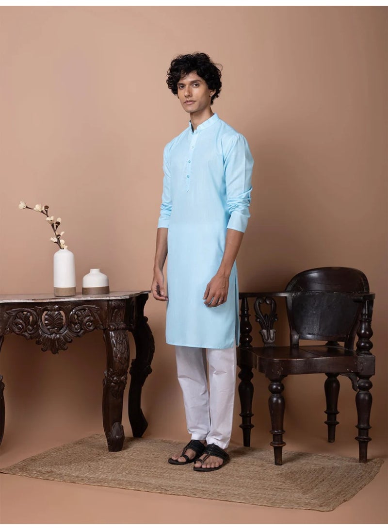 Devoiler Mens Blue Plain Cotton Kurta Set - Image 3