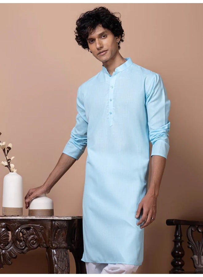 Devoiler Mens Blue Plain Cotton Kurta Set - Image 5