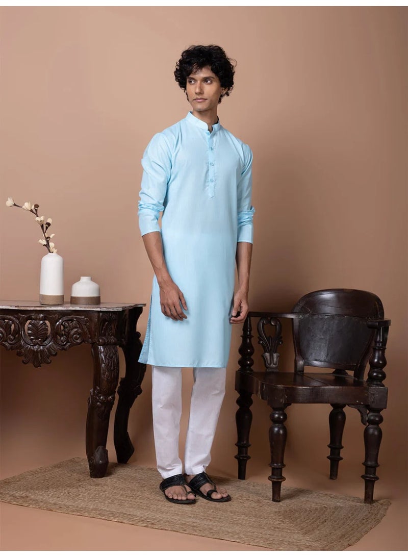 Devoiler Mens Blue Plain Cotton Kurta Set - Image 1