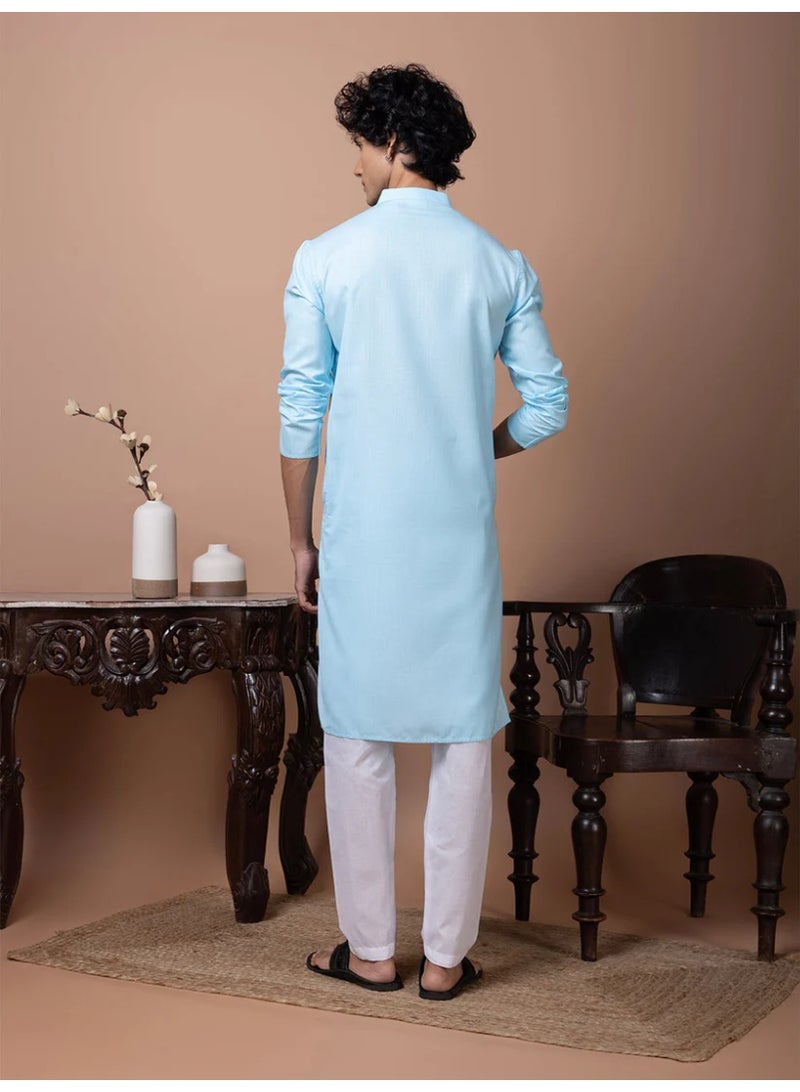 Devoiler Mens Blue Plain Cotton Kurta Set - Image 2