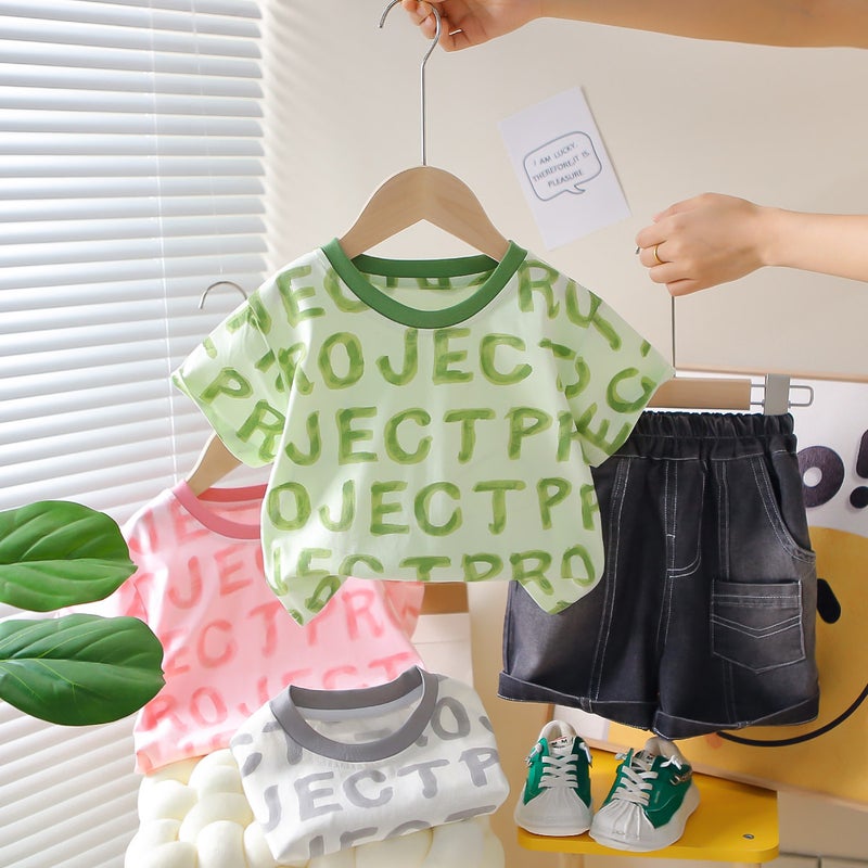 Children'S Short-Sleeved T-Shirt For Boys And Girls Summer Color Small And Medium-Sized Children'S Boys Trendy Short-Sleeved Full-Print English Jeans Batch 5 - Image 2