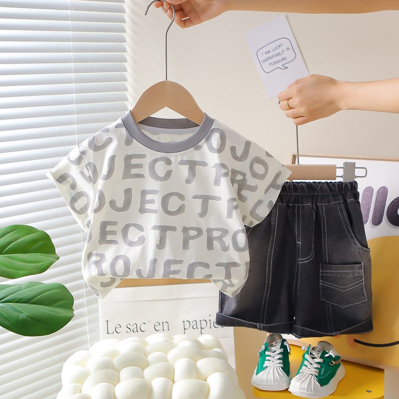 Children'S Short-Sleeved T-Shirt For Boys And Girls Summer Color Small And Medium-Sized Children'S Boys Trendy Short-Sleeved Full-Print English Jeans Batch 5 - Image 5