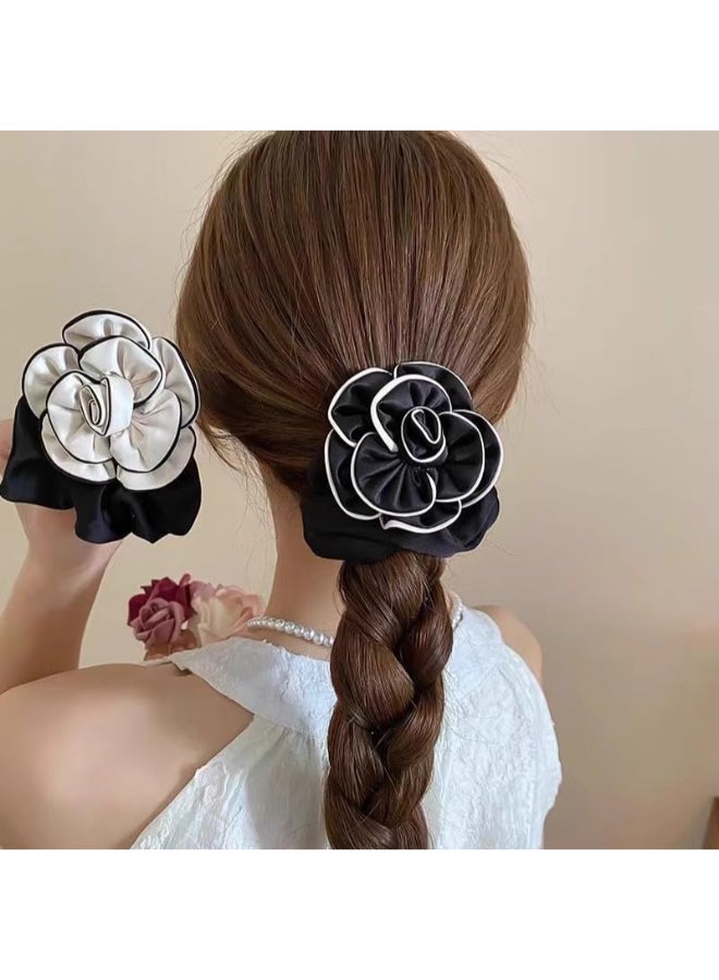 TUCEWP Scrunchies for Women Girls 2Pcs White Black Flower Scrunchies for Long Thick Hair Bandana Scrunchie Soft Satin Hair Bands French Ponytail Holders Elastic Hair Ties Vintage Hair Accessories - Image 3