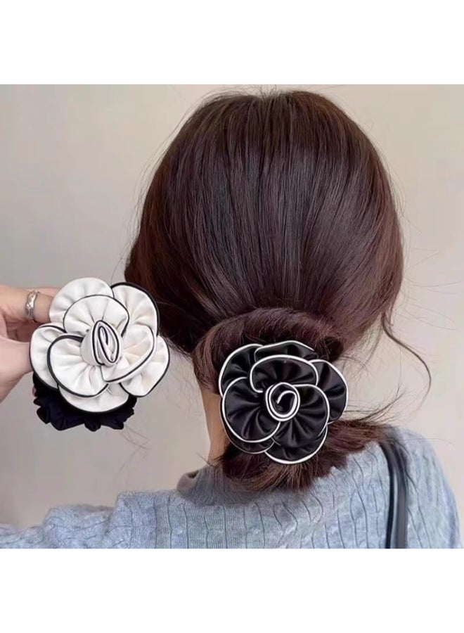 TUCEWP Scrunchies for Women Girls 2Pcs White Black Flower Scrunchies for Long Thick Hair Bandana Scrunchie Soft Satin Hair Bands French Ponytail Holders Elastic Hair Ties Vintage Hair Accessories - Image 2