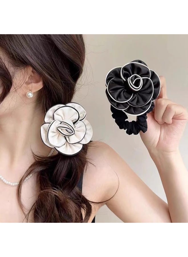 TUCEWP Scrunchies for Women Girls 2Pcs White Black Flower Scrunchies for Long Thick Hair Bandana Scrunchie Soft Satin Hair Bands French Ponytail Holders Elastic Hair Ties Vintage Hair Accessories - Image 1