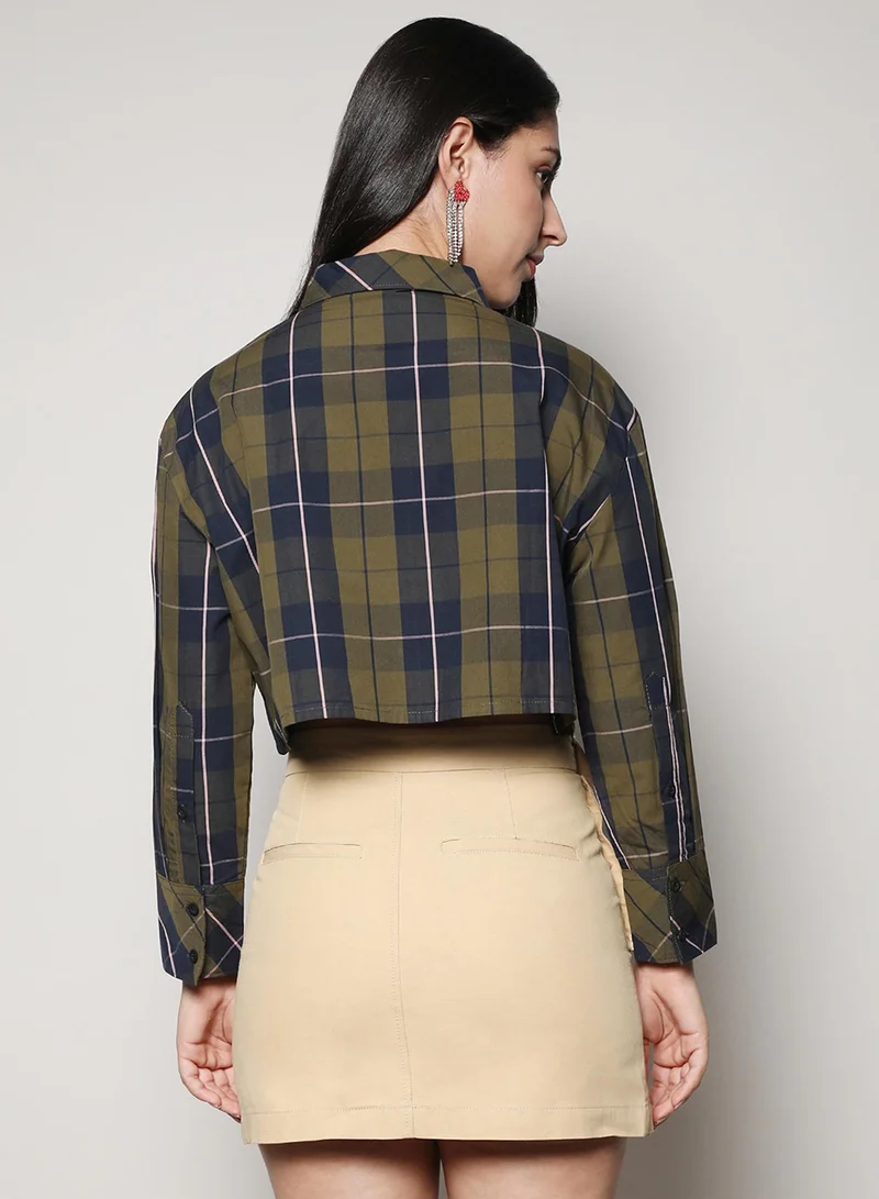 Pinacolada Women's Olive Green & Navy Blue Tartan Plaid Crop Shirt Women's Olive Green & Navy Blue Tartan Plaid Crop Shirt for Women | Best Price UAE