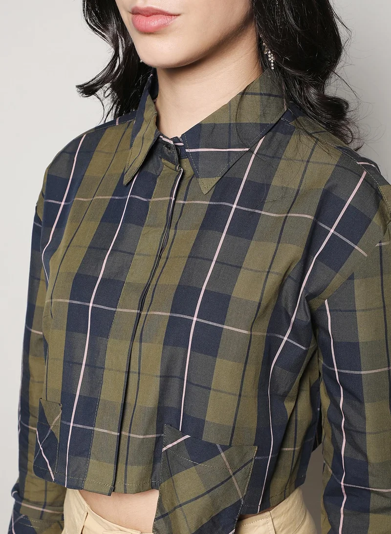 Pinacolada Women's Olive Green & Navy Blue Tartan Plaid Crop Shirt Women's Olive Green & Navy Blue Tartan Plaid Crop Shirt for Women | Best Price UAE