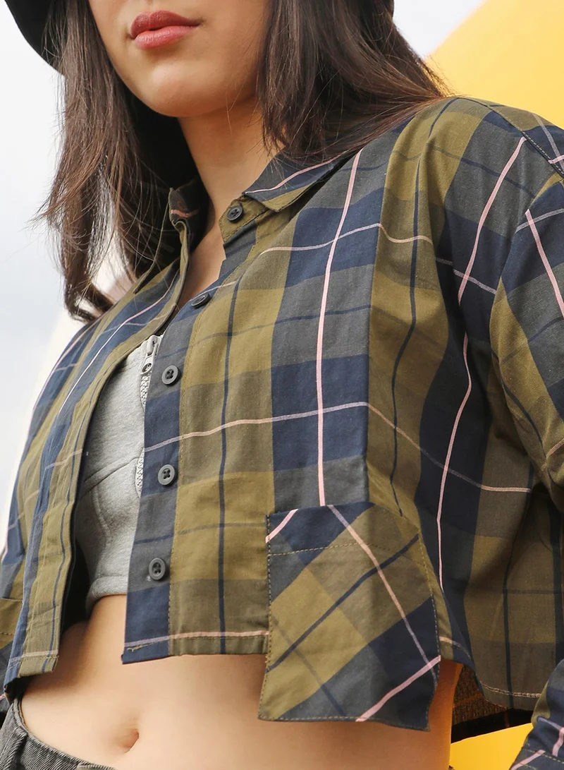 Pinacolada Women's Olive Green & Navy Blue Tartan Plaid Crop Shirt Women's Olive Green & Navy Blue Tartan Plaid Crop Shirt for Women | Best Price UAE