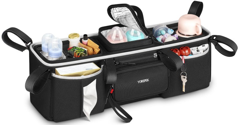 YOREPEK Heavy Duty Double Stroller Organizer for Bob Duallie, Baby Jogger City Mini GT2 and Jeep,Stroller Caddy with Detachable Cooler Bag and Handbag,Stroller Storage Attachment for Baby Accessories - Image 1