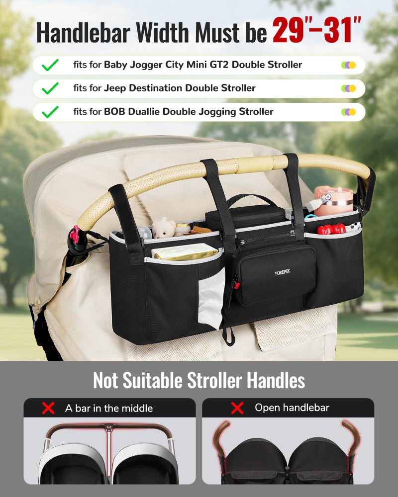 YOREPEK Heavy Duty Double Stroller Organizer for Bob Duallie, Baby Jogger City Mini GT2 and Jeep,Stroller Caddy with Detachable Cooler Bag and Handbag,Stroller Storage Attachment for Baby Accessories - Image 2