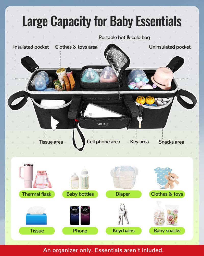 YOREPEK Heavy Duty Double Stroller Organizer for Bob Duallie, Baby Jogger City Mini GT2 and Jeep,Stroller Caddy with Detachable Cooler Bag and Handbag,Stroller Storage Attachment for Baby Accessories - Image 5