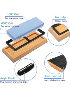 Hihonor Whetstone Knife Sharpening Stone Kit, Double Sided Whetstone Knife Sharpener 1000/6000 Grit, Professional Honing Sharpening Stone Set with Slip-Resistant Bamboo Base and Angle Guide  - Image 2
