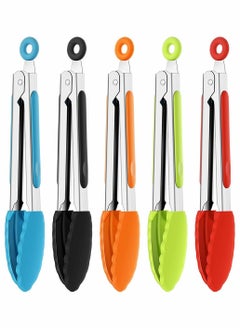 Y&D 7 Inch Silicone Tongs, Mini Kitchen Tongs With Tips Small Serving Stainless Steel Cooking For Salad, Grilling, Frying And (Black, Red, Blue, Orange, Green, 5 PCS)  - Image 1