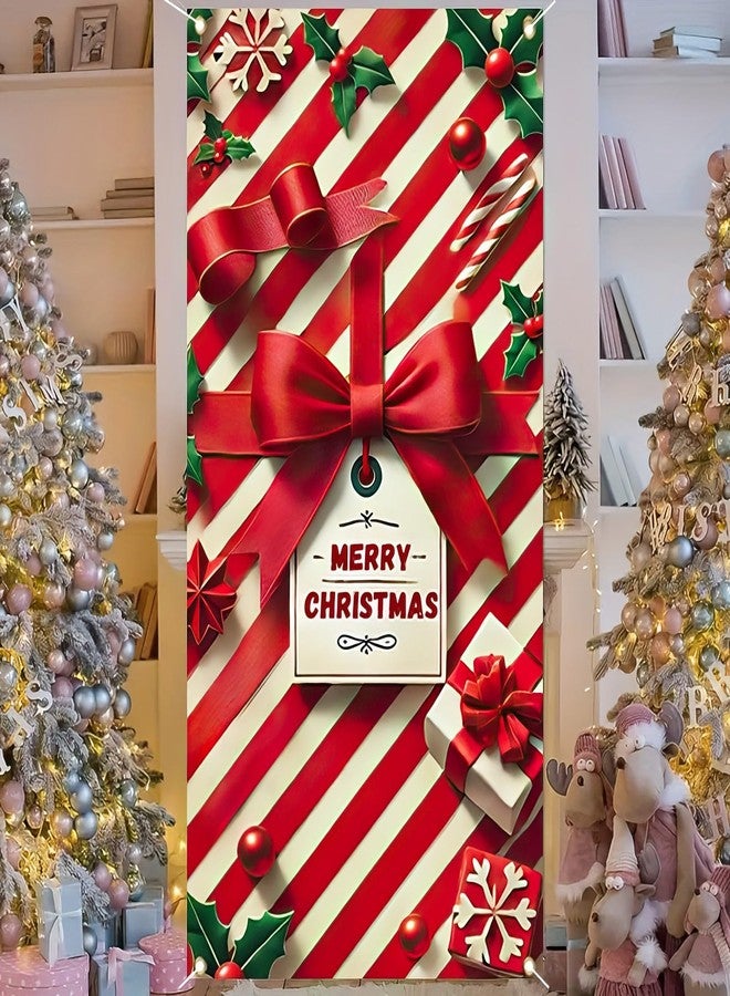 BlissYard Christmas Bow Door Cover 71x35 Inch Red Bow Stripes Door Banner, Merry Christmas Winter Porch Sign with Gift Tag and Candy Stripes, Holiday Entry Decor Indoor Outdoor Farmhouse Party Hanging Cover - Image 3
