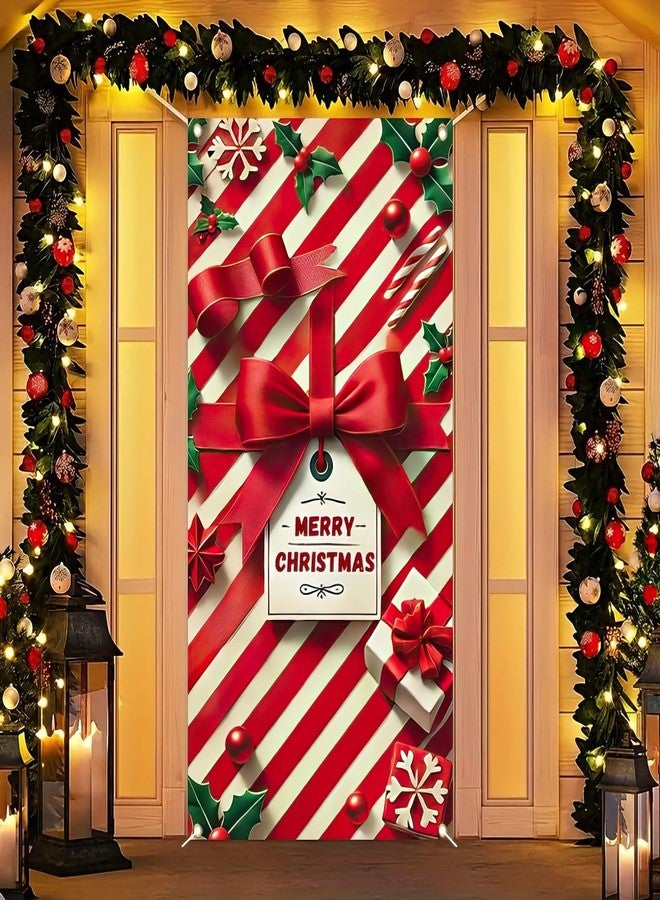 BlissYard Christmas Bow Door Cover 71x35 Inch Red Bow Stripes Door Banner, Merry Christmas Winter Porch Sign with Gift Tag and Candy Stripes, Holiday Entry Decor Indoor Outdoor Farmhouse Party Hanging Cover - Image 1