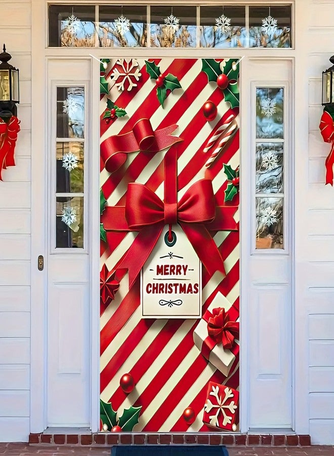 BlissYard Christmas Bow Door Cover 71x35 Inch Red Bow Stripes Door Banner, Merry Christmas Winter Porch Sign with Gift Tag and Candy Stripes, Holiday Entry Decor Indoor Outdoor Farmhouse Party Hanging Cover - Image 5