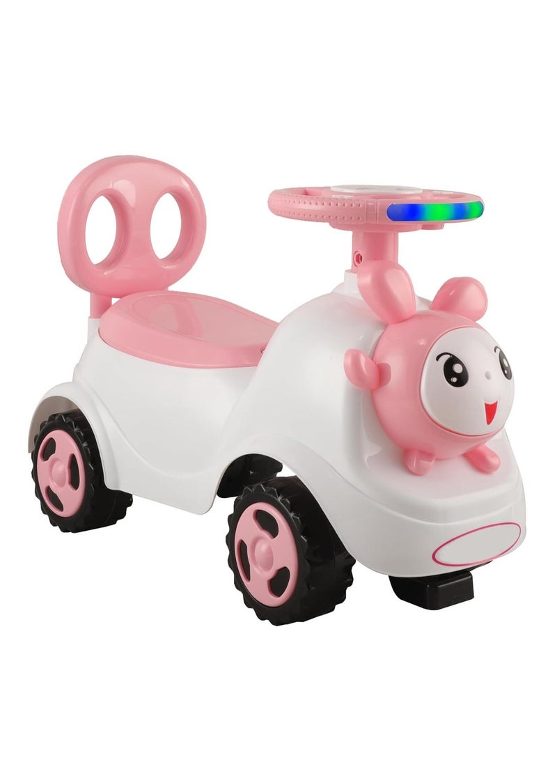 STORE 7 Rabbit-shaped ride-on car for children with a steering wheel and handlebars, comfortable backrest, music and lights, storage under the seat, and large, safe wheels. Ideal for developing motor skills in children aged 2 and up.  pink color. 55 x 43 x 35 cm. - Image 3