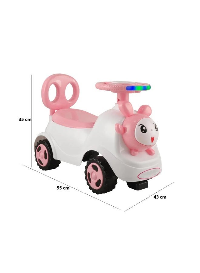 STORE 7 Rabbit-shaped ride-on car for children with a steering wheel and handlebars, comfortable backrest, music and lights, storage under the seat, and large, safe wheels. Ideal for developing motor skills in children aged 2 and up.  pink color. 55 x 43 x 35 cm. - Image 2
