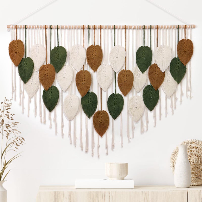 KHOYIME Large Macrame Wall Hanging Boho Woven Tapestry, Chic Home Decor Modern Bohemian Handmade Leaf Feather Wall Art Decorations for Apartment Living Room Bedroom Nursery Backdrop 51.5" W X 33.5" L - Image 1