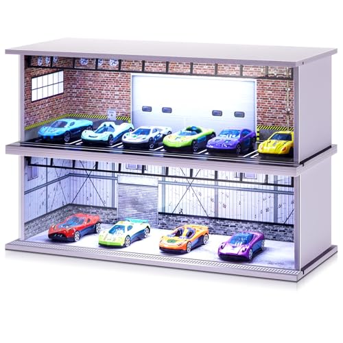 Tujoe 2 Pcs Display Case for Toy Car Garage with LED Light Stackable 1/64 Scale Diecast Toy Cars Garage for Maximum 58 Model Car Display and Storage(Red Bricks) - Image 1