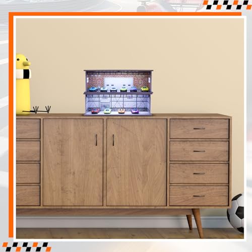 Tujoe 2 Pcs Display Case for Toy Car Garage with LED Light Stackable 1/64 Scale Diecast Toy Cars Garage for Maximum 58 Model Car Display and Storage(Red Bricks) - Image 5