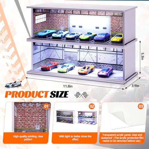 Tujoe 2 Pcs Display Case for Toy Car Garage with LED Light Stackable 1/64 Scale Diecast Toy Cars Garage for Maximum 58 Model Car Display and Storage(Red Bricks) - Image 2