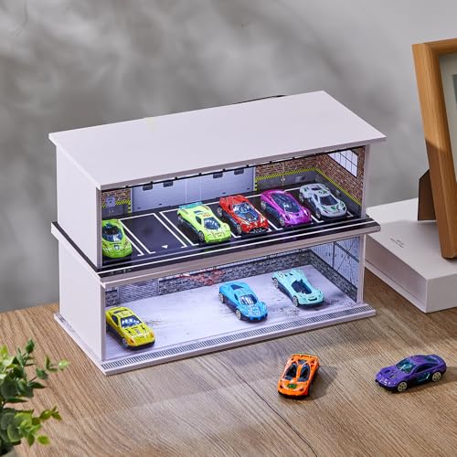 Tujoe 2 Pcs Display Case for Toy Car Garage with LED Light Stackable 1/64 Scale Diecast Toy Cars Garage for Maximum 58 Model Car Display and Storage(Red Bricks) - Image 4