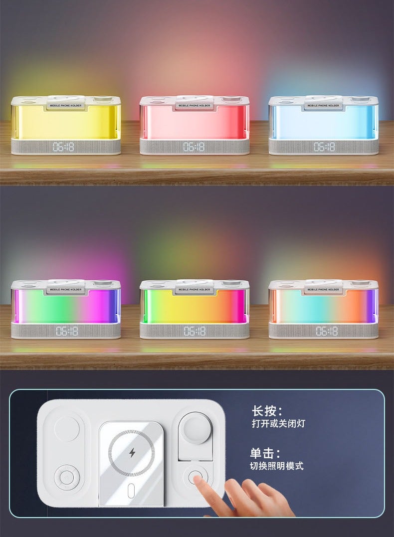 general New desktop Bluetooth speaker clock atmosphere light magnetic fast charging folding bracket multi-function digital wireless charger - Image 2