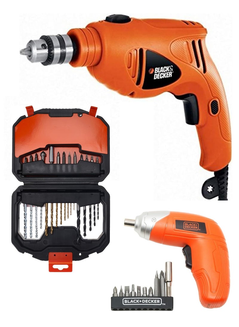 بلاك اند ديكر مثقاب كهربائي 500 وات HD5010-B5 مع طقم اكسسوارات 30 قطعة  A7183-XJ ومفط بطارية صغير KC3610-B5 - Image 1