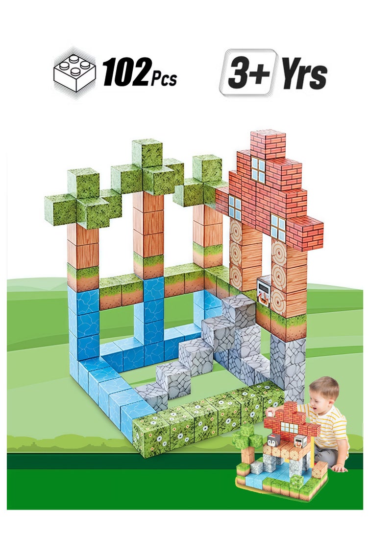 102PCS Magnetic Blocks-Build Mine Magnet World Set for Boys & Girls Age 3-5 6-8, STEM Sensory Toys for Toddlers Gifts for 3+ Years Old Girls Boys,2cm Magnet Cubes Classroom Must Haves Construction Toys - Image 1