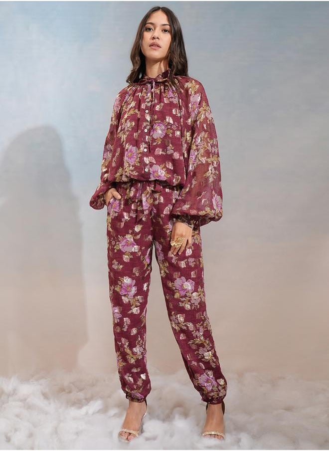 Vishudh Floral Printed Tie-Up Neck Top and Joggers Co-Ords by Styli  - Image 2