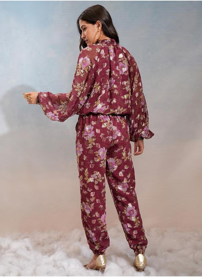 Vishudh Floral Printed Tie-Up Neck Top and Joggers Co-Ords by Styli  - Image 3