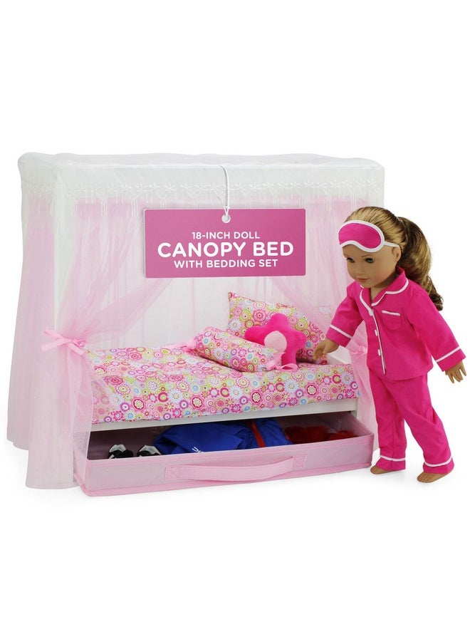 Emily Rose - 18" Doll Canopy Bed With 5-Piece Lovely Bedding Set And Doll Clothes Clothing Storage Drawer - 18-Inch Doll Bedroom Furniture & Accessories | Usa Business | Ideal Bed For 14"-19" Dolls - Image 1