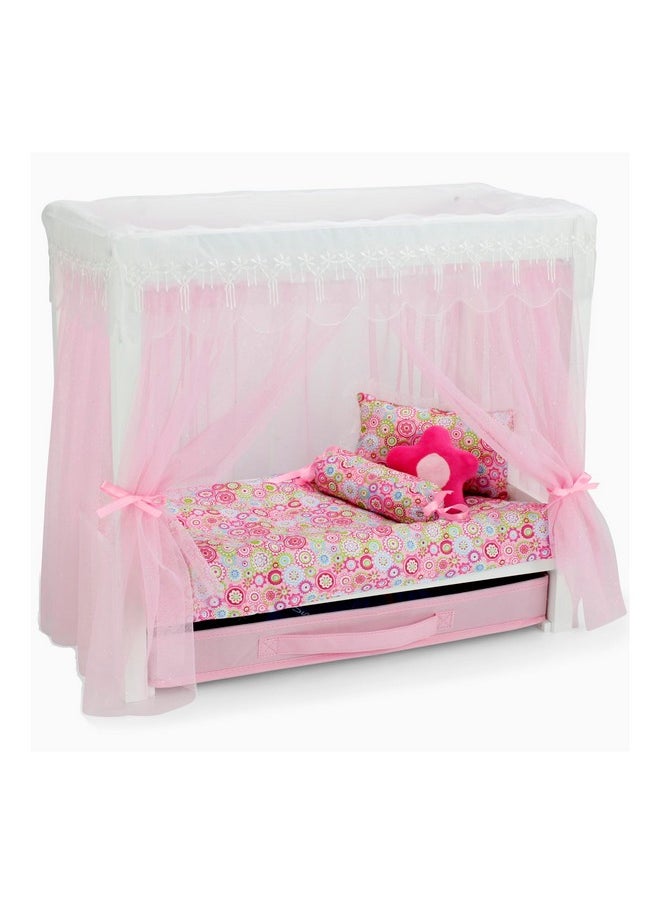 Emily Rose - 18" Doll Canopy Bed With 5-Piece Lovely Bedding Set And Doll Clothes Clothing Storage Drawer - 18-Inch Doll Bedroom Furniture & Accessories | Usa Business | Ideal Bed For 14"-19" Dolls - Image 1
