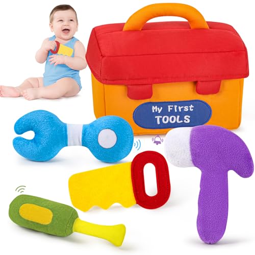 KMUYSL Baby Toys 0612 Months My First Tools Plush Toys 4 Pcs Sensory Playset Soft Toys with Squeaker Crinkle for 06912 Months Newborn Infant Birthday Christmas Gifts for Boys Girls - Image 1