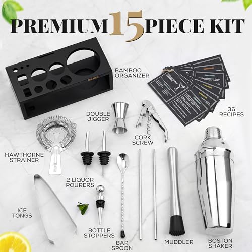 MixMate Mixology Bartender Kit with Stand - 15 Piece Bar Tool Set, Silver Bar Set Cocktail Shaker Set for Drink Mixing - Includes Martini Shaker, Jigger, Strainer, Bar Mixer Spoon, Tongs, Opener | Gift Idea - Image 3