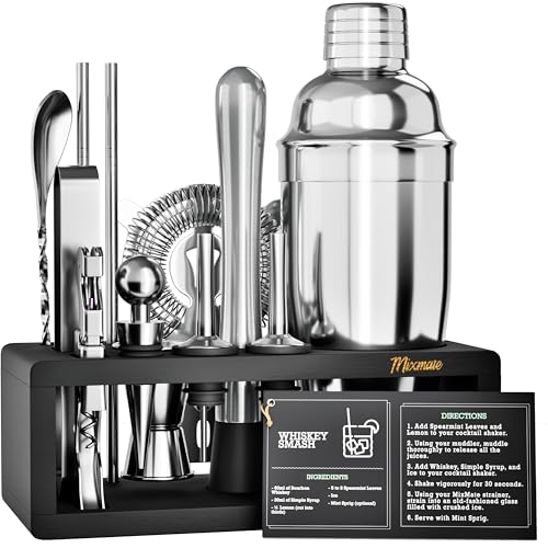 MixMate Mixology Bartender Kit with Stand - 15 Piece Bar Tool Set, Silver Bar Set Cocktail Shaker Set for Drink Mixing - Includes Martini Shaker, Jigger, Strainer, Bar Mixer Spoon, Tongs, Opener | Gift Idea - Image 1