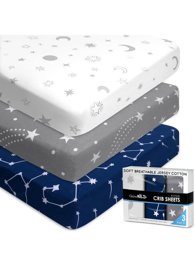 GrowWILD GROW WILD Crib Sheets for Boys or Girls | 3 Pack Soft Stretchy Jersey Cotton Fitted Crib Sheet Neutral | Grey White Navy Blue Baby Crib Sheets for Girl, Crib Mattress Sheet or Toddler Bed Sheets - Image 1